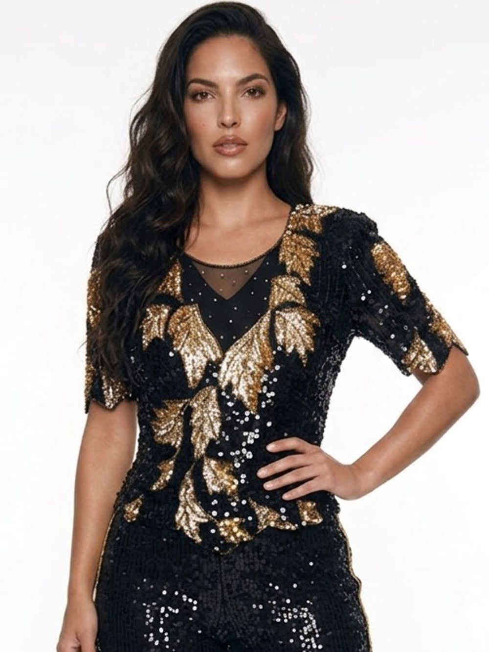 DOMINIQUE | Vintage Fully Sequined Leaf Pattern Top Beads Stones Women’s Size L